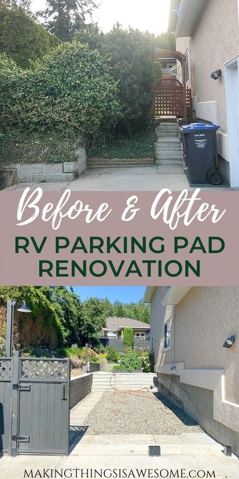 DIY RV Parking Pad - How We Made Space In Our Yard For A 30 Foot RV! - Making Things is Awesome Side Yard Rv Parking Ideas, Rv Landscaping Ideas Yards, Gravel Parking, Gravel Landscaping, Cinder Block Walls, Side Yard Landscaping, Patio Slabs, Concrete Pad, Diy Rv