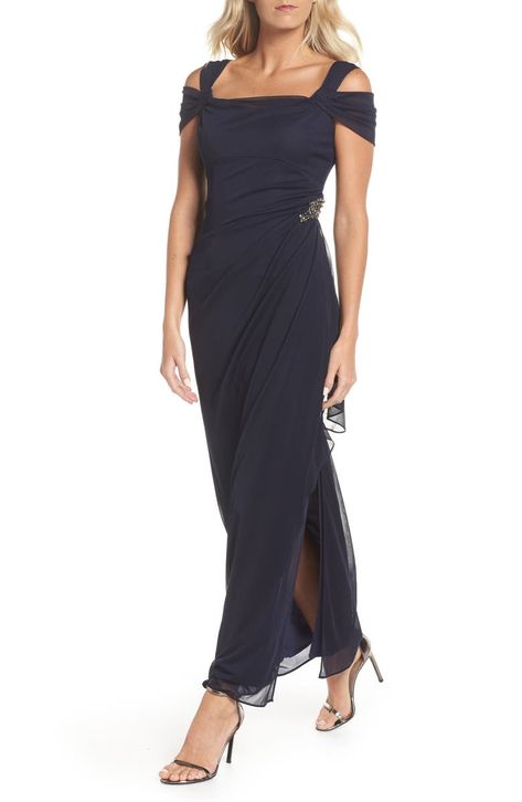 Free shipping and returns on Alex Evenings Embellished Cold Shoulder Column Gown at Nordstrom.com. Embody elegance in this beautifully embellished gown styled with draped cold-shoulder sleeves and a figure-flattering ruched side detail finished with sparkle. Off Shoulder Dress For Older Women, Luxury Elegant Cold Shoulder Dresses, Dinner Dress Classy Nordstrom, Young Mother Of The Bride Dresses Navy, Luxury Fitted Cold Shoulder Dress, Cold Shoulder Gown, Mother Of The Bride Dresses Long, Mother Of Groom Dresses, Mob Dresses