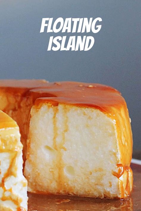 Baked Meringue Dessert, Island Dessert Recipes, Fancy Dessert Recipes Homemade, Fancy Looking Desserts, Almond Float Recipe, Floating Islands Dessert, Poached Meringue Floating Island, Dessert Mango Float, Portuguese Caramel Pudding