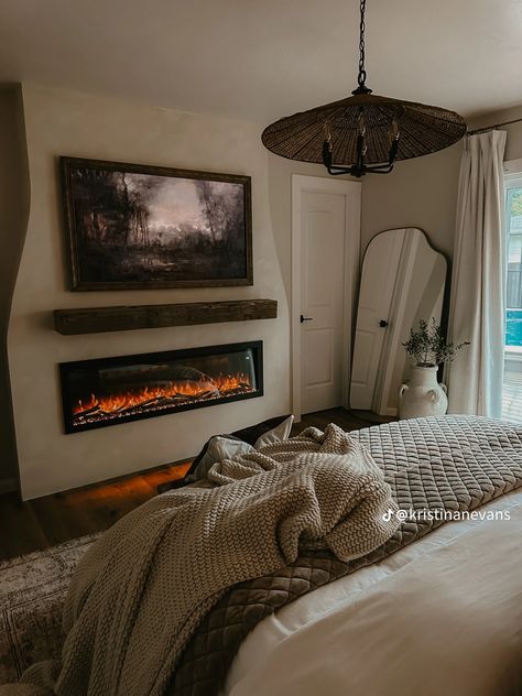 Fake Fireplace Ideas, Fake Fireplace, Parents Bedroom, Bedroom Fireplace, Fireplace Ideas, Gray Bedroom, Living And Dining Room, Home Upgrades, Grey Bedding