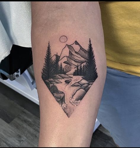 Lake District Tattoo Ideas, Texas Landscape Tattoo, Mountain Patchwork Tattoo, Men Nature Tattoo, Mountain And River Tattoo, Flyfishing Tattoo, Mountain Arm Tattoo, Mountain River Tattoo, Mountain Tattoo Men