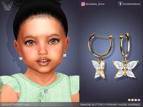 The Sims Resource - Diamond Butterfly Pendant Huggie Earrings For Toddlers Toddler Earrings, Sims 4 Studio, Sims 4 Children, Diamond Butterfly, Sims 4 Toddler, Kids Earrings, Sims 4 Game, Huggie Earrings, Maxis Match