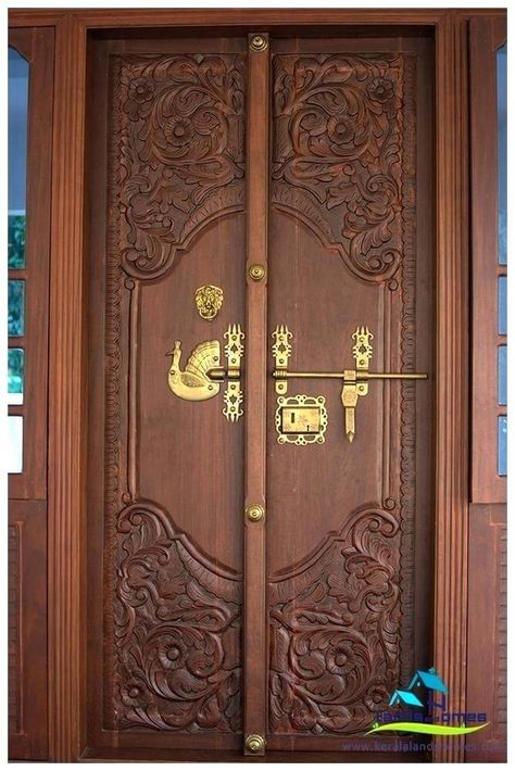 Unique 50 Modern And Classic Wooden Main Door Design Ideas - Engineering Discoveries Front Double Door Design Wood Kerala, Door Design Indian, Indian Main Door Designs, Pooja Door Design, Arsitektur Art Deco, Entry Door Designs, House Front Door Design, House Main Door Design, Door Design Photos