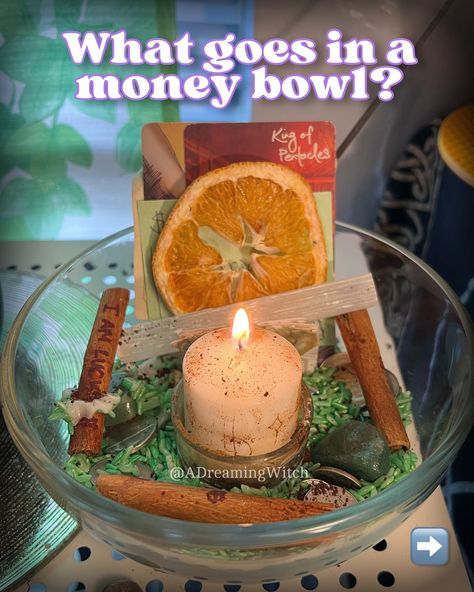 Happy Jupiter day witches! Let’s talk about money bowls…⤵️ 💰What is a money bowl?: - a common spell-working to draw in prosperity & wealth, often created in a bowl or dish of some kind, placed in an altar or near a workspace, and is consistently worked with + tended to over weeks/months to keep the energy flowing 💲Common items used in money bowls: - money: coins, cash, foreign money, checks, gift cards - symbols: tarot cards, money imagery ($), keys, statues, + whatever looks like wealth ... Money Bowls, Money Bowl Spell, Money Altar, Money Bowl, Foreign Money, Energy Flow, A Bowl, Gift Cards, Tarot Cards