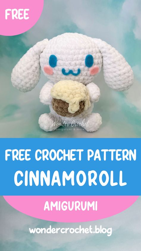 Easy Crochet Animals Free, Free Crochet Plushie Patterns For Beginners, Beginner Crochet Projects Amigurumi, Free Sanrio Crochet Patterns, Arugami Crochet Pattern Free Easy, Crochet Cinamoroll, Diy Cinnamoroll, Crochet Sanrio Characters, Cinnamoroll Pattern