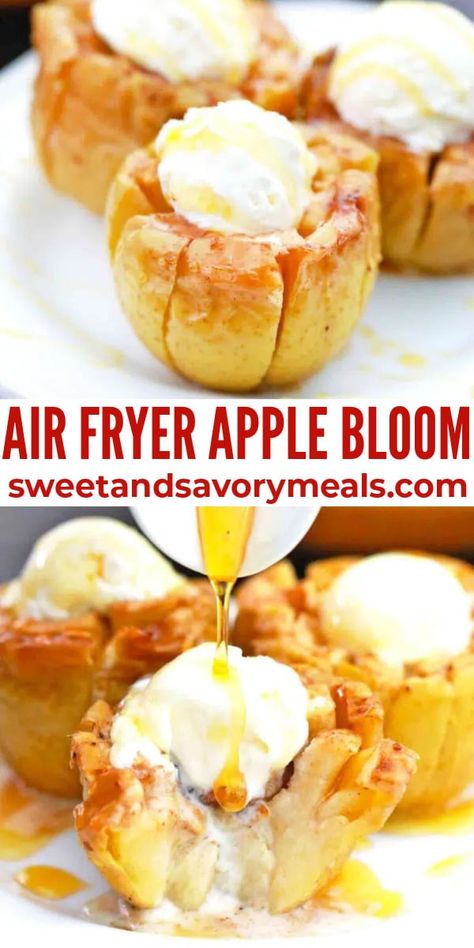 Bloomin Apples Air Fryer, Air Fried Fall Fruits, Air Fryer Apple Recipes Easy, Air Fryer Blooming Apple, Fried Apple Rings Air Fryer, Blooming Apple Recipe Air Fryer, Baked Blooming Apple Recipe, Air Fried Apples Healthy, Dried Apples In Air Fryer