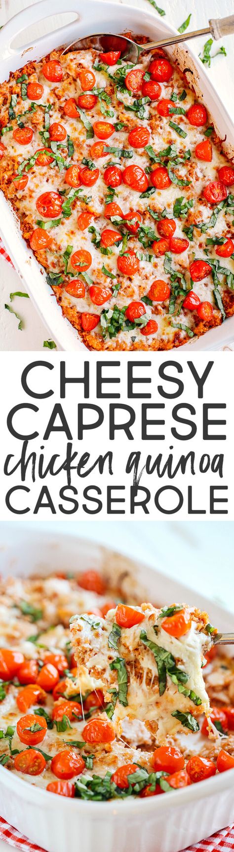 Cheesy Caprese Chicken & Quinoa Casserole - Eat Yourself Skinny Chicken Quinoa Casserole, College Dinner, Freezer Casseroles, Chicken And Quinoa, Recipes Using Rotisserie Chicken, Quinoa Casserole, Chicken Ideas, Low Calorie Dinners, Chicken Quinoa