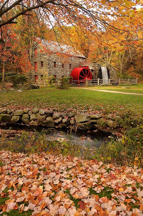 Metro West- Wayside Inn Grist Mill, Sudbury, Credit Ted Fitzgerald | Flickr - Photo Sharing! Fall Foliage Road Trips, Beauty Dish, Grist Mill, New England Fall, Autumn Scenes, Water Wheel, Autumn Scenery, Autumn Beauty, Fall Pictures