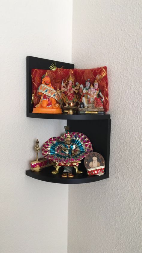 Indian mandir idea for small apartments.  Shelves: Floating shelves from Walmart/Ikea/Target Idols: Indian Store/Amazon Small Mandir For Office, Mandir Ideas For Small Space, Pooja Shelf, Small Mandir, Small Bedroom Sofa, Mandir Ideas, Mandir Decor, Mandir Designs, Puja Decor