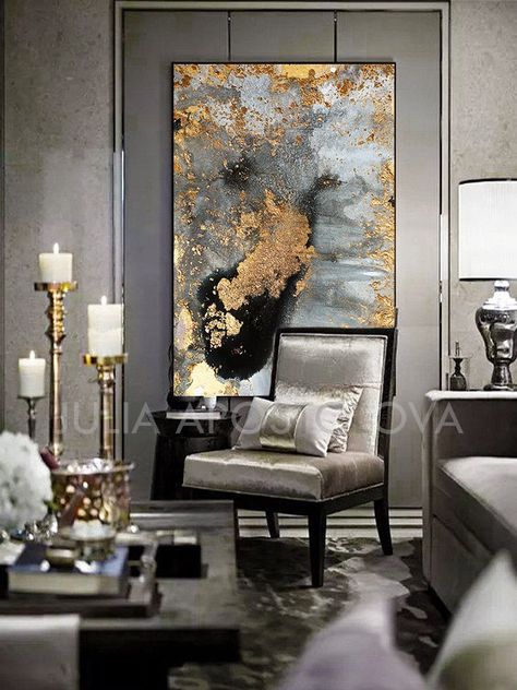 Gold Living Room, Gold Wall Art, Black Wall Art, Glam Decor, Design Del Prodotto, Cool Ideas, Gold Walls, Extra Large Wall Art, Black Walls