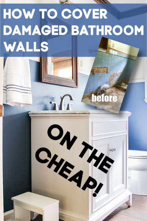 How to Cover Damaged Bathroom Walls on a Budget - easy way to fix and cover bathroom walls that had old wall tile. Budget friendly alternative to replacing the wall tile! #bathroom #diy #walls #diybathroom Dyi Bathroom, Bad Wallpaper, Bathroom Wall Coverings, Tile Repair, Old Bathroom, Cheap Bathrooms, Wallpaper Summer, Bathroom Walls, Bathroom Diy