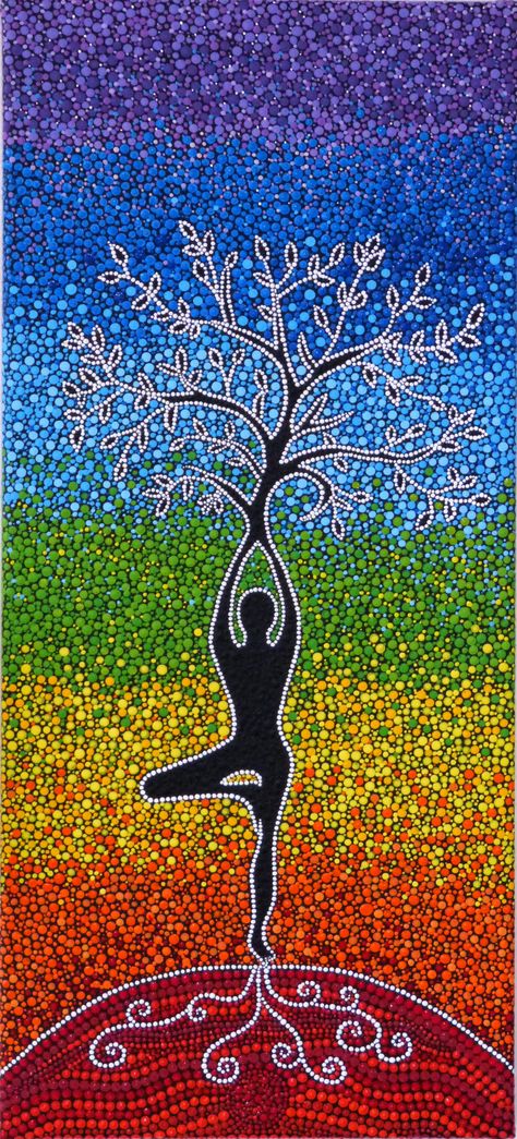 Spiritual Art Painting, Chakra Colours, Yoga Art Painting, Chakra Painting, Yoga Painting, Yoga Tree, Tree Of Life Painting, Spiritual Paintings, Hippie Lifestyle