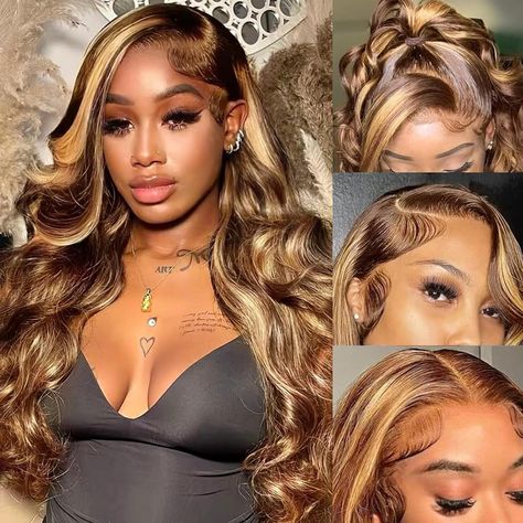 PRICES MAY VARY. 💖Stunning Honey Blonde Highlight Wig: This gorgeous honey blonde high-definition lace front wig is made from 100% unprocessed Brazilian virgin hair, ensuring a healthy and vibrant natural wavy style. The 180% density provides a full, thick look, while the soft, stretchy texture exudes a natural, healthy look. This versatile wig can be dyed, straightened, bleached and restyled to your personal preference, making it the perfect choice for those looking for a statement wig with a Natural Color Wigs For Black Women, Blonde With Dark Roots Wig, Lace Suits, Honey Blonde Wig, 27 Honey Blonde, Blonde High, Highlight Wig, Hair Glue, Hair Highlight