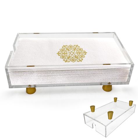 PRICES MAY VARY. DECOR: The acrylic bathroom napkin tray holder a modern and stylish appearance, adding a touch of elegance to your dining or kitchen area. It is a clear transparent material with gold feet, matching any decor, and can be used as a bathroom napkin holder tray while providing a stylish guest towel holder tray for bathroom, acrylic towel holder, hand paper towel holder and has with a U-shaped opening on the side of the napkin holder for easy access to grab a napkin. DURABILITY: Thi Powder Room Towel Holder Ideas, Bathroom Towel Holder Ideas, Bathroom Napkins, Guest Bathroom Towels, Guest Towel Tray, Paper Napkin Holder, Towel Holder For Bathroom, Acrylic Bathroom, Paper Hand Towels