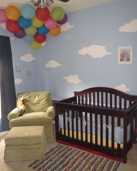 Disney cast members and UP fans created this fun nursery using the Simply Clouds Wall Stencil Kit from @mywonderfulwalls and a lot of imagination. These self-adhesive stencils make it easy to paint clouds into any mural on your walls, ceilings and more and @mywonderfulwalls offers a variety of styles. Read more about this UP Themed Nursery on their blog at http://www.mywonderfulwalls.com/blogs/my-wonderful-walls/16683776-sky-is-the-limit-with-cloud-wall-stencils-for-up-themed-nursery. Disney Baby Rooms, Disney Themed Nursery, Girl Nursery Themes, Cloud Wall, Baby Room Themes, Fun Nursery, Baby Nursery Themes, Disney Nursery, Baby Room Wall