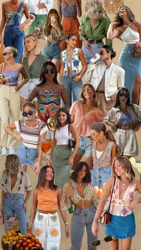 Collage of chic travel outfits for women on a summer vacation Trip Outfit Summer, Colorful Fits, Outfit Europe, Summer Brunch Outfit, Girl Trip, Travel Chic, Vacation Essentials, Trip Outfits, Italy Outfits