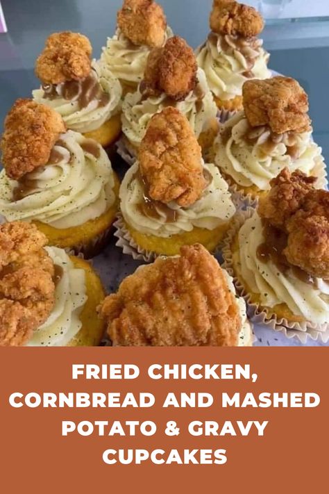 Mashed Potato Smash Cake, Cornbread Mashed Potato Cupcake, Chicken Nugget Birthday Cake, Cornbread Cupcakes With Mashed Potatoes, Mashed Potato Cupcakes, Chicken Nugget Side Dishes, Chicken Nugget Sides, Soul Food Cupcakes, Dino Nugget Mashed Potato Volcano