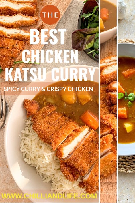 spicy chicken katsu curry plated with white rice and green salad Katsu Curry Sauce Recipe, Katsu Chicken Curry, Chicken Katsu Curry Recipe, Chicken Katsu Recipe, Katsu Curry Recipe, Chicken Katsu Recipes, Katsu Curry Recipes, Katsu Recipes, Chicken Katsu Curry