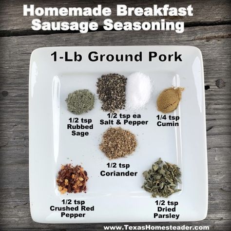 Make your own breakfast sausage with this simple breakfast sausage seasoning and regular ground pork. No complicated seasonings here! #TexasHomesteader Diy Sausage Recipes Seasoning Mixes, How To Make Sausage Out Of Ground Pork, Homemade Ground Pork Sausage, Seasonings For Breakfast Sausage, Making Breakfast Sausage From Ground Pork, Ground Pork Recipes Breakfast Sausage Seasoning, Ground Pork Into Sausage, Diy Pork Sausage, Seasoned Pork Sausage Recipes