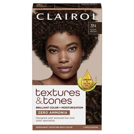 Clairol Textures & Tones Hair Dye Ammonia-Free Permanent Hair Color, 3N Cocoa Brown BRILLIANT COLOR + MOISTURIZED HAIR. With Zero Ammonia, Argan and Olive oil, Textures & Tones gives you moisture-rich color that is key for maintaining curl definition and shine. Our Intensive Moisturizing Mask helps detangle and strenghten hair, for instant softness. Designed with textured hair and color specialists to create a system optimized to pamper textured hair types- natural or relaxed. Size: 1 Applicatio V Shaped Layers, Igora Hair Color, Hair Dye Products, Clairol Hair Color, Curly Hair Dos, V Shape Hair, Curl Definition, Brown Hair Dye, School List