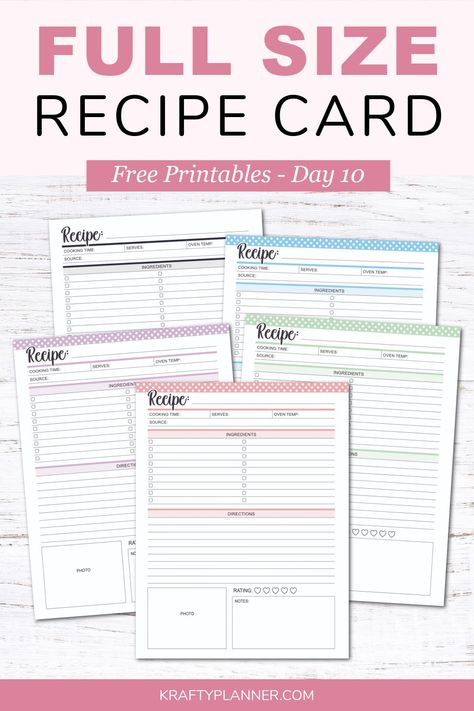 Full Size Recipe Card - Free Printable (Day 10) — Krafty Planner Full Page Recipe Cards Free Printables, Recipe Card Printable Free, Recipes Printable Free Templates, Recipe Book Free Printables, 4x6 Recipe Card Template Free Printables, Recipe Book Pages Printable, Cookbook Template Printables Free, Recipe Blank Printable, Cook Book Template Free Printable