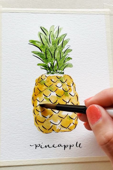 Illustration Art Tutorial, Draw A Pineapple, Pen Tutorial, Pineapple Drawing, Pineapple Crafts, Pineapple Painting, Pineapple Illustration, Food Art Painting, Learn Watercolor Painting