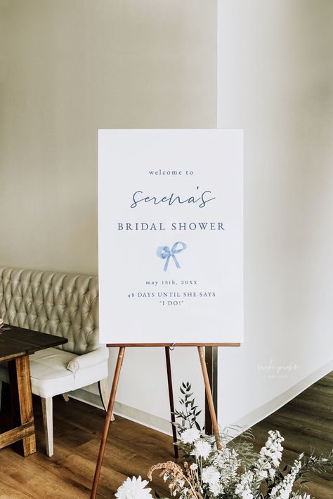 Blue Bridal Shower Themes, Bridal Shower Signage, Hen Ideas, Something Blue Bridal, Bridal Shower Sign, White Bridal Shower, Blue Bridal Shower, Welcome Sign Template, Shipping Envelopes