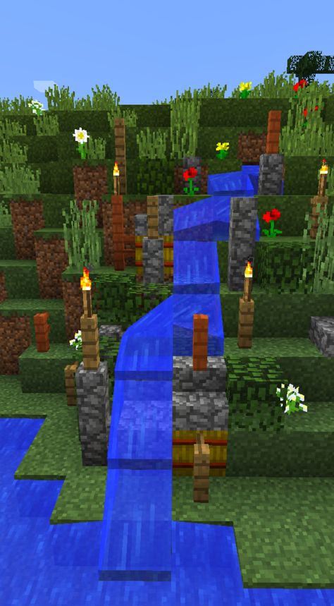 Building a waterfall Minecraft Waterfall Ideas, Minecraft Waterfall, Minecraft Fairy Village, Minecraft Outdoor Ideas, Minecraft Beds, Aesthetic Minecraft Builds, Minecraft Garden, Forest Crafts, Minecraft Structures