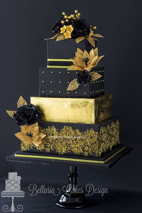 An amazing wedding cake for a fabulous couple surrounded by... Black And Gold Wedding Cake, Black And Gold Cake, Black And Gold Wedding, Square Wedding Cakes, Black Wedding Cakes, Tiered Cake, Gold Cake, Gold Wedding Cake, Elegant Cakes