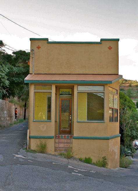 Bisbee, Arizona. 'Used to belong to the Benderach Brothers who had a grocery store there. 9na Arizona Cottage, Arizona Houses, Bisbee Az, Oasis Springs, Southwest Living, Building Facades, Arizona Adventure, Bisbee Arizona, Shotgun House