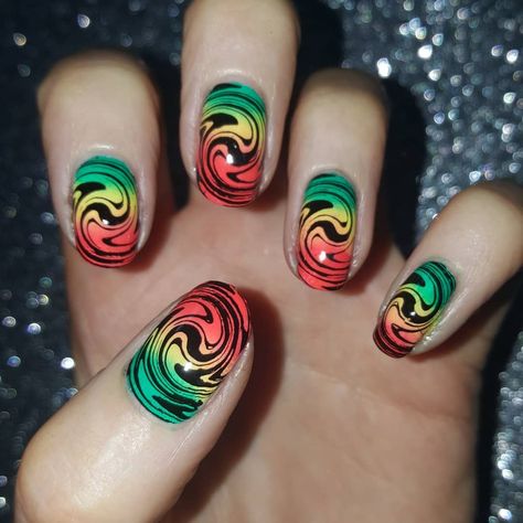 3 colour gradient with stamping for @ramgoatrecords reggae event tomorrow night Products used (over a white base Jamaican Nails Ideas, Reggae Nails, Colour Gradient, Rasta Colors, Gradient Color, Nail Colors, Nail Designs, Nail Art, Stamp