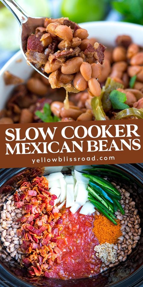 Mexican Beans are slow cooked overnight for a truly authentic taste. Made with a few ingredients, these simple slow cooker pinto beans are an easy favorite. Slow Cooker Pinto Beans, Beans Slow Cooker, Mexican Beans Recipe, Beans Recipe Crockpot, Mexican Beans, Slow Cooker Mexican, Beans In Crockpot, Pinto Bean Recipes, Slow Cooker Beans