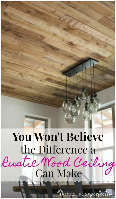 This rustic wood ceiling cost less than 75 cents a square foot and makes such a huge difference! Add Wood To Ceiling, Wood Trey Ceiling Ideas Bedroom, Rustic Wood Ceiling Living Room, Wood Cathedral Ceiling Living Room, Farmhouse Wood Ceiling, Barnwood Ceiling, Rustic Wood Ceiling, Plank Ceilings, Living Ceiling