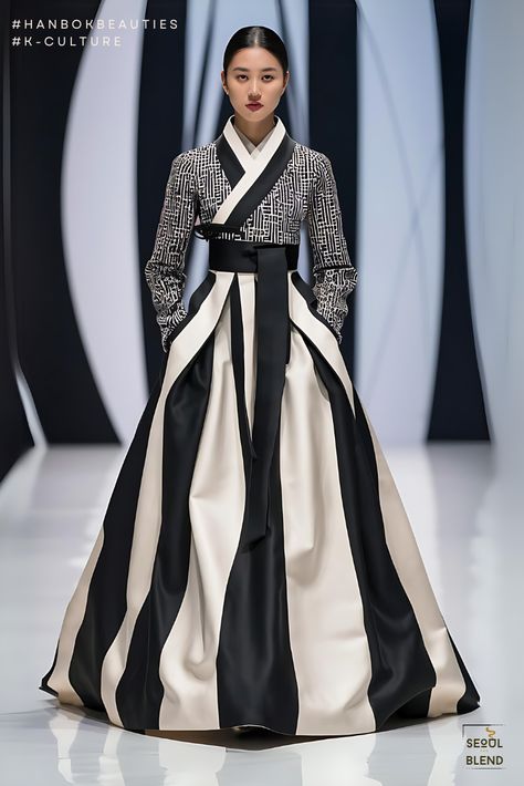 Hanbok Re-imagined:  Monochrome Chic Geometric Outfit, Hanbok Aesthetic, Stylish Business Outfits, Money Dress, Hanbok Traditional, Korean Traditional Clothing, Korean Traditional Dress, Modern Hanbok, Geometric Fashion