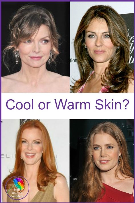 Warm or Cool skin tone #skin tone #warm or cool https://www.style-yourself-confident.com/warm-or-cool-skin.html Colors For Green Eyes Clothes, Fair Cool Skin Tone Makeup, Red Undertone Skin Hair Color, Outfits For Warm Skin Tone, Cold Skin Tone Hair Colour, Red Hair Warm Skin Tone, Cool Undertones Clothes, Cool Skin Tone Hair Color, Grey Hair For Warm Skin Tones