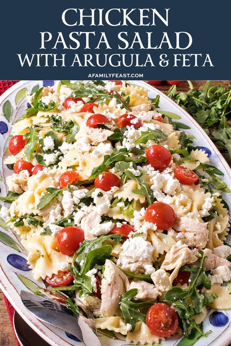 Chicken Pasta Salad with Arugula and Feta Pasta Salad With Arugula, Chicken Bowtie Pasta, Arugula Pasta, Bowtie Pasta Salad, Salad Spinach, Feta Pasta Salad, Lemon Chicken Pasta, Feta Chicken, Cold Pasta Salad