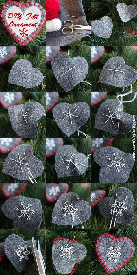 Felt Heart Ornaments, Ornament Inspiration, Felt Ornaments Diy, Diy Felt Christmas Ornaments, Diy Jul, Felt Crafts Christmas, Felt Christmas Decorations, Ornament Tutorial, Diy Felt