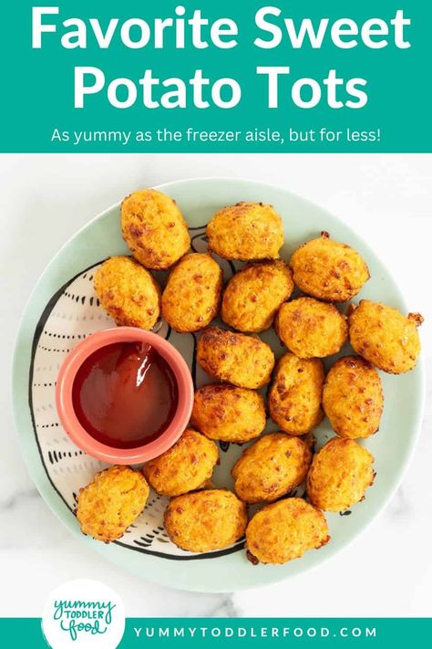 Favorite Sweet Potato Tots Potato Recipe For Toddler, Sweet Potato Baby Food, Sweet Potato Tots, Raw Sweet Potato, Potato Tots, Easy Toddler Meals, Easy Baby Food Recipes, Crispy Sweet Potato, Yummy Sweet Potatoes