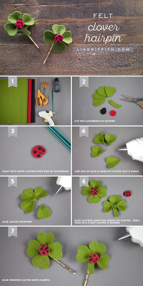 No-Sew Clover Hairpin Felt Hair Accessories Diy, Indy Clover, Felt Clover, Felt Pins, Clover Hair, Felt Bouquet, Felt Hair Accessories, Fete Saint Patrick, Felt Flower Tutorial