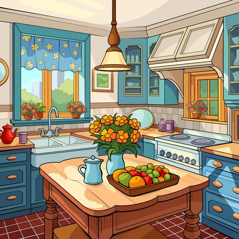 Kitchen With Flowers, Island Illustration, Vase Illustration, Cartoon Building, Creative Haven Coloring Books, Kitchen Drawing, Bright Kitchen, Zen Colors, Retro Pictures