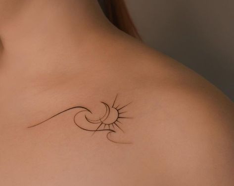 Sun Moon And Ocean Tattoo, Sun Moon Stars Waves Tattoo, Tattoo Ideas Minimalist, Tattoo Sonne, Tattoos Watercolor, Tiny Tattoos For Women, Tattoos Traditional, Alphabet Tattoo Designs, Cross Tattoos For Women