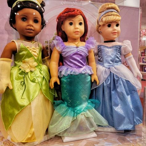 American Girl Disney Princesses Tiana, Ariel, and Cinderella Doll Pictures, Disney Princess Tiana, Vibe Check, Princess Core, Princess Tiana, All American Girl, Princess Ariel, Victorian Clothing, Photo Organization