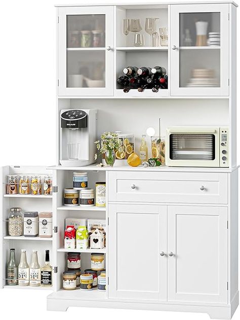 Amazon.com: HOSTACK Kitchen Pantry Storage Cabinet, Modern Buffet Cabinet with Hutch, Tall Kitchen Hutch Cabinet with Microwave Stand, Food Pantry Cabinet with Doors and Shelves | Wine Rack for Dining Room, White : Home & Kitchen Cabinet With Microwave, Food Pantry Cabinet, Modern Buffet Cabinet, Kitchen Hutch Cabinet, Pantry Furniture, Built In Wine Rack, Hutch Cabinet, Tall Kitchen, Microwave Stand