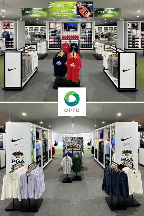 OPTO and the Legends Global Merchandise team worked closely on the the 50,000 sq ft revamped retail experience. The shop featured OPTO's Edge and Reveal floor fixtures as well as custom ten-foot-tall, lighted shadowboxes made from lightweight materials for ease of assembly and able to adjust to the uneven site conditions at the outdoor venue. #PGAChampionship #retail #retaildesign #retailexperience Retail Displays, Pga Championship, Oak Hill, Retail Experience, Outdoor Venues, Retail Design, Teamwork, Shadow Box, Design Inspiration