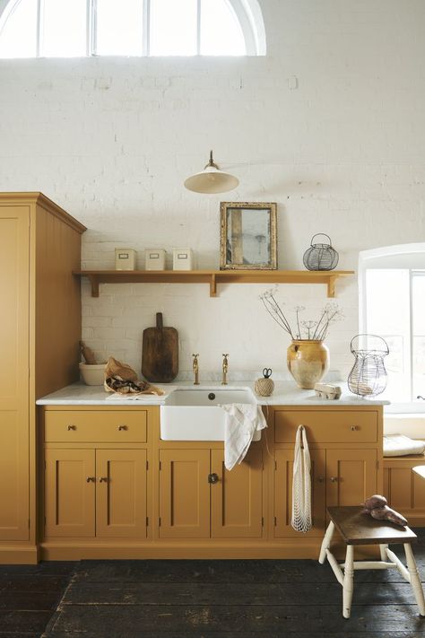 18 Yellow Kitchen Ideas That Bring a Playful Pop to the Cookspace Yellow Kitchen Butcher Block Counters, Yellow Shaker Kitchen, Yellow Kitchen Cabinets Farmhouse, Sudbury Yellow Kitchen, Yellow Woodwork, Dark Yellow Kitchen, Mustard Kitchen Cabinets, Yellow Cottage Kitchen, Yellow Cabinets Kitchen