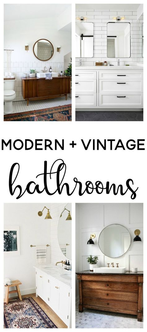 modern vintage bathroom | modern farmhouse | moder… Bathroom Inspiration Vintage, Vintage Bathroom Inspiration, Vintage Modern Bathroom, Vintage Bathroom Vanity, Modern Vintage Bathroom, Flip Ideas, Floating Shelves Kitchen, Shop Bathroom, Bathroom Inspiration Modern