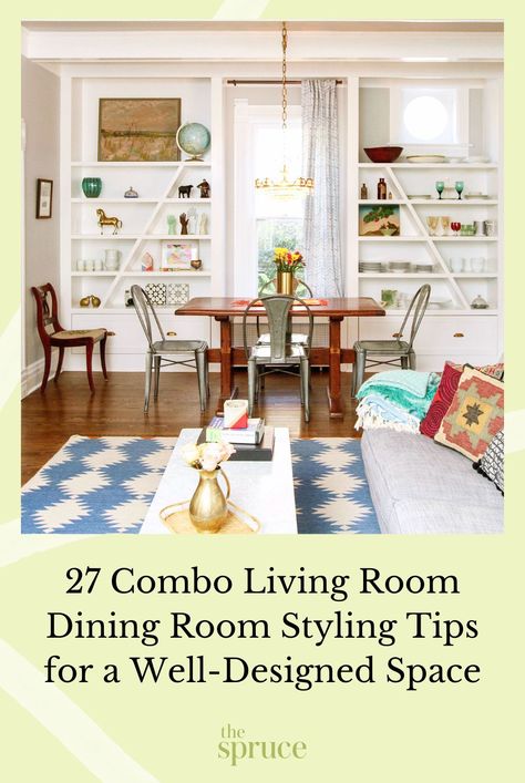 Transform your space with these unique living room-dining room combos. It's a mix of two rooms that create a special blend of relaxing and socializing. #studiodecor #diningroomdecor #livingroomdecor #multiuselivingroom #homestylingtips #interiordesignideas #apartmentdecor #apartmentdecoratingonabudget  #smallspacedecorating #thespruce Den And Dining Room Combo Ideas, Small Dining Corner In Living Room, Dining Room Table In Living Room, Den And Dining Room Combo, Small Open Plan Living And Dining, Apartment Living Room Dining Room Combo, Eating Area In Living Room, Sofa And Dining Table In One Room, Couch In Dining Room