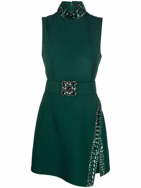 High Collar Dress, Andrew Gn, Green Crystal, Pretty Style, Looks Chic, Outfit Shoplook, Crystal Embellishment, Classic Outfits, Belted Dress