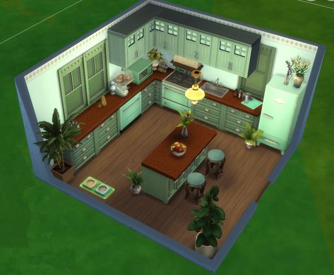 Sims 4 Green Kitchen, Cottage Green Kitchen, Sims 4 Build, Green Kitchen, Sims 4, Cottage, House Styles, Building, Green