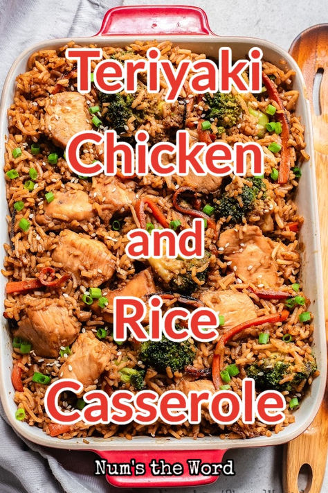 Discover how to make this delicious Teriyaki Chicken and Rice Casserole with juicy chicken, fresh veggies, and a flavorful homemade teriyaki sauce! #teriyakichickenandricecasserole #teriyakichickencasserole #chickenteriyakicasserole #teriyakichickencasserolerecipe #chickenteriyakicasserolerecipe #chickenteriyakiricecasserole #teriyakichickenricecasserole #bakedteriyakichickenandricecasserole #bakedteriyakichickencasserole #numstheword Teriyaki Chicken And Rice Crockpot, Rice And Teriyaki Chicken, Chicken Teriyaki Casserole Recipe, Chicken Rice Teriyaki Casserole, Chicken Teriyaki Casserole Easy, Teriyaki Chicken Casserole Recipe, Teriyaki Rice Recipe, Teryikie Chicken, Chicken Teriyaki Casserole